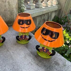 Halloween Pumpkin witch Table votive Lamp set of 3- Orange and Green